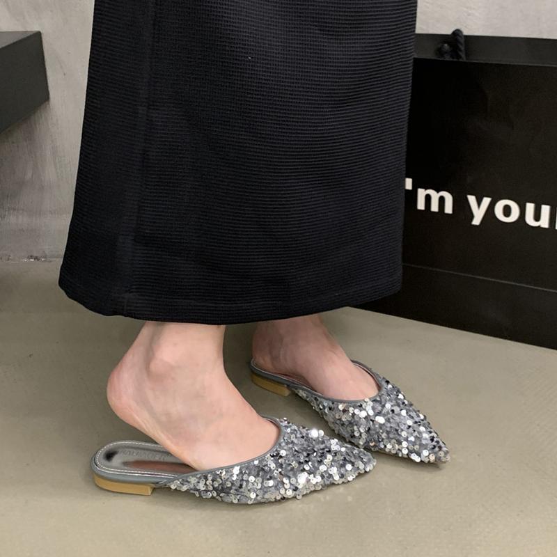 Fashion SUOJIALUN 2025 New Bling Women Sandal Fashion Pointed Toe Shallow Slip On Ladies Elegant Slingback Shoes Med Heel Pumps Shoes