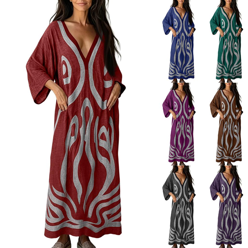 Women V Neck Bohemian Print Kaftan Dress Loose Fit Maxi Robe for Beach Holiday Home Relaxation Casual Wear