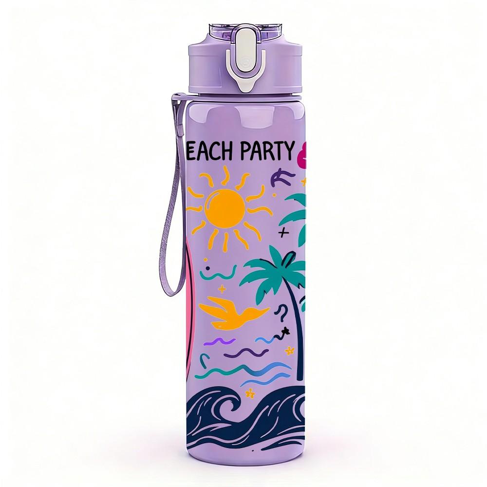 1PC Beach Surfboard Palm Tree 750ml Color Plastic Sports Water Bottle Leakproof Flip Straw Lid Suitable for Sports Office Home Use