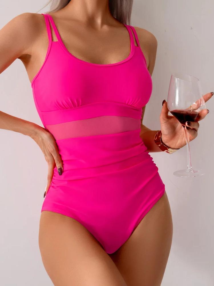 Damen U-Ausschnitt Doppelgurt Einteiliger Netz-Badeanzug Schlankheitsbademode