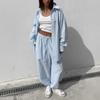 Spring New Women Vertical Stripe Shirt + Drawstring Pants Two Piece Set, Casual Striped Outfit Suits For Women