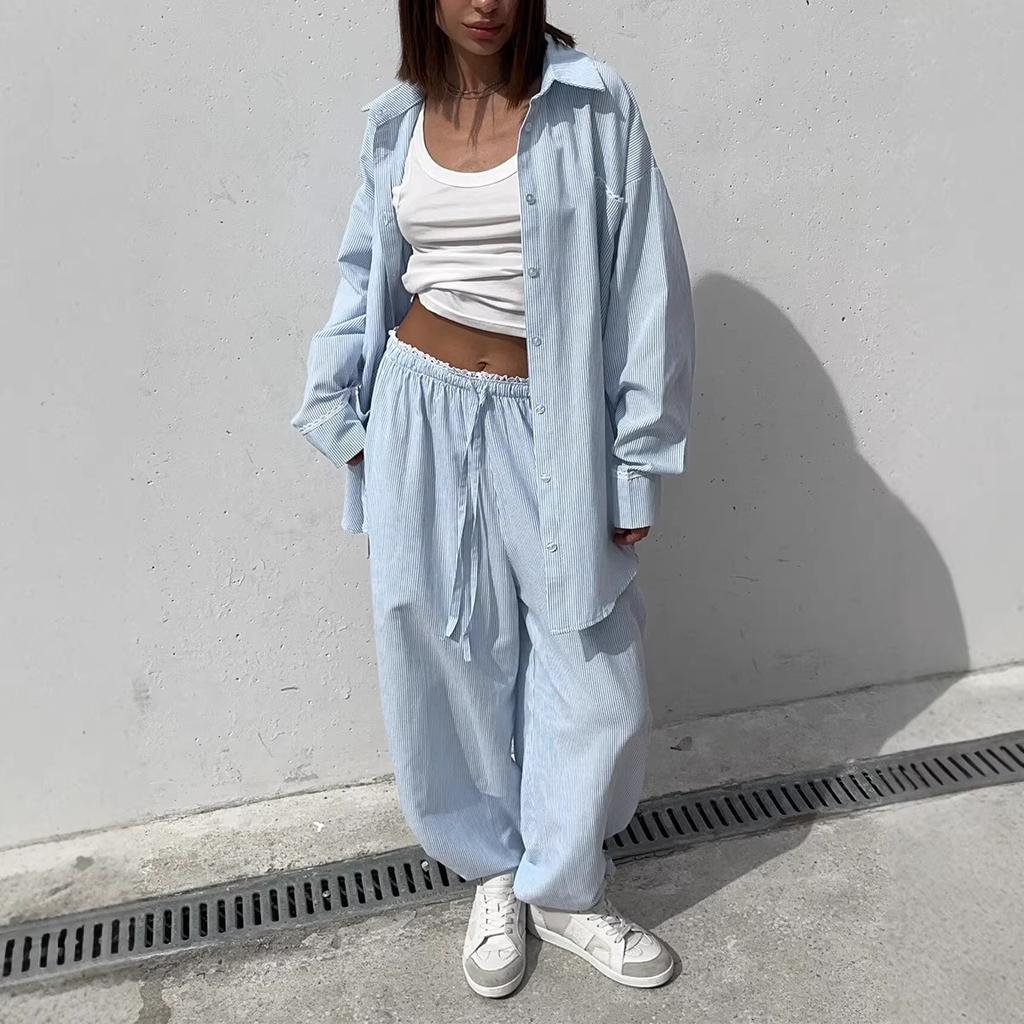 Spring New Women Vertical Stripe Shirt + Drawstring Pants Two Piece Set, Casual Striped Outfit Suits For Women