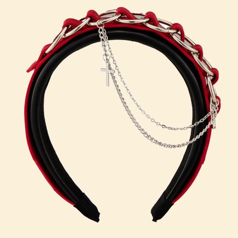 PU Leather Buckle Hairhoop for Women with Chain Decors Japanese Girl Headband Cosplay Dress Up Accessories