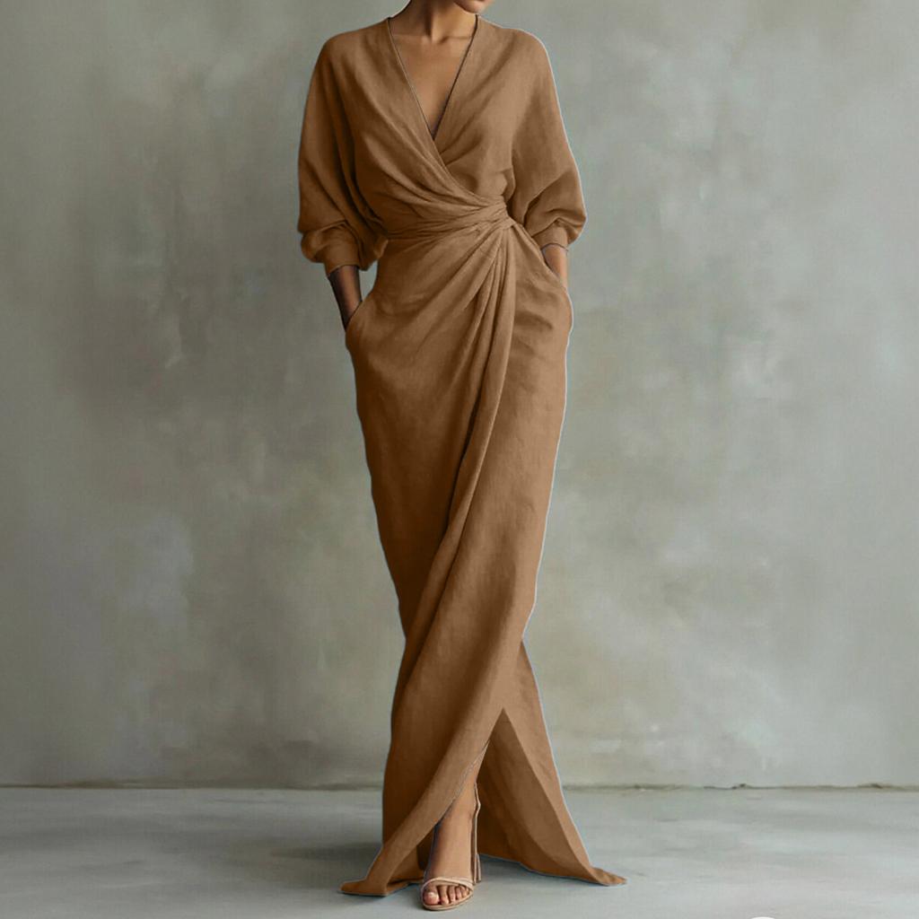 Women's Casual FashionColor V-neck Long Sleeve Slit Waist Pocket Dress