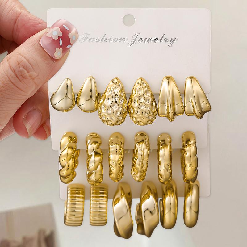Texture Geometry Multi Shaped Women's Fashion Ring Earring Set Elegant Fashion Style Unique Design Earrings