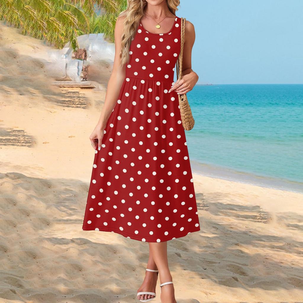Women's Polka Dot Print Short Sleeve Midi Dress with Pockets for Beach Vacation and Casual Summer Wear