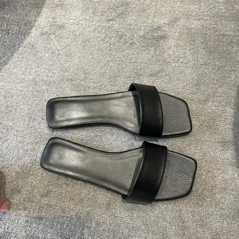 Ladies New Black White Flat Slippers Women Genuine Leather Peep Toe One Strap Mules Shoes Woman Summer Slides Comfort Clogs