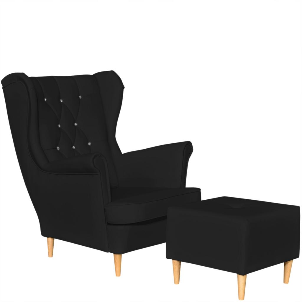 Fotel Uszak eko skóra Gaja z podnóżkiem Skandynawski Family meble czarny