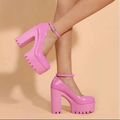 Décolleté rosa con tacco grosso e cinturino alla caviglia Dolce plateau tacco quadrato Donna Décolleté tacchi alti Scarpe con plateau 2024 Primavera Scarpe da donna