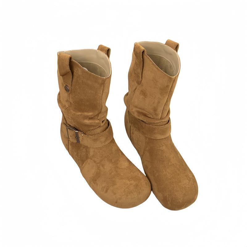 Inner heightening versatile retro stacking boots women's 2025 autumn and winter new boots thick-soled round head matte short boots