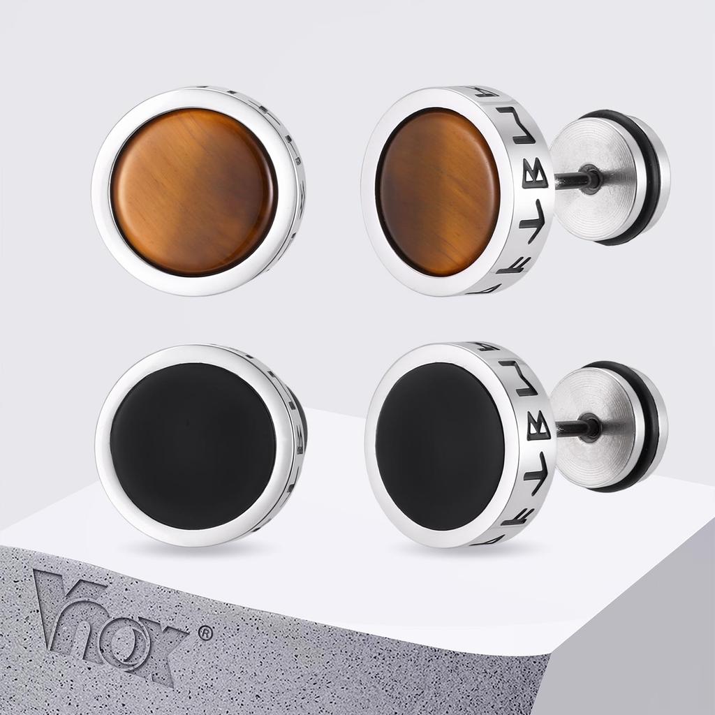 Vnox Orecchini a Bottone in Acciaio Inossidabile Acrilico Nero Pietra Occhio di Tigre per Uomini Donne, 10mm di Larghezza Anti Allergia Gioielli Rotondi per Orecchie Regali