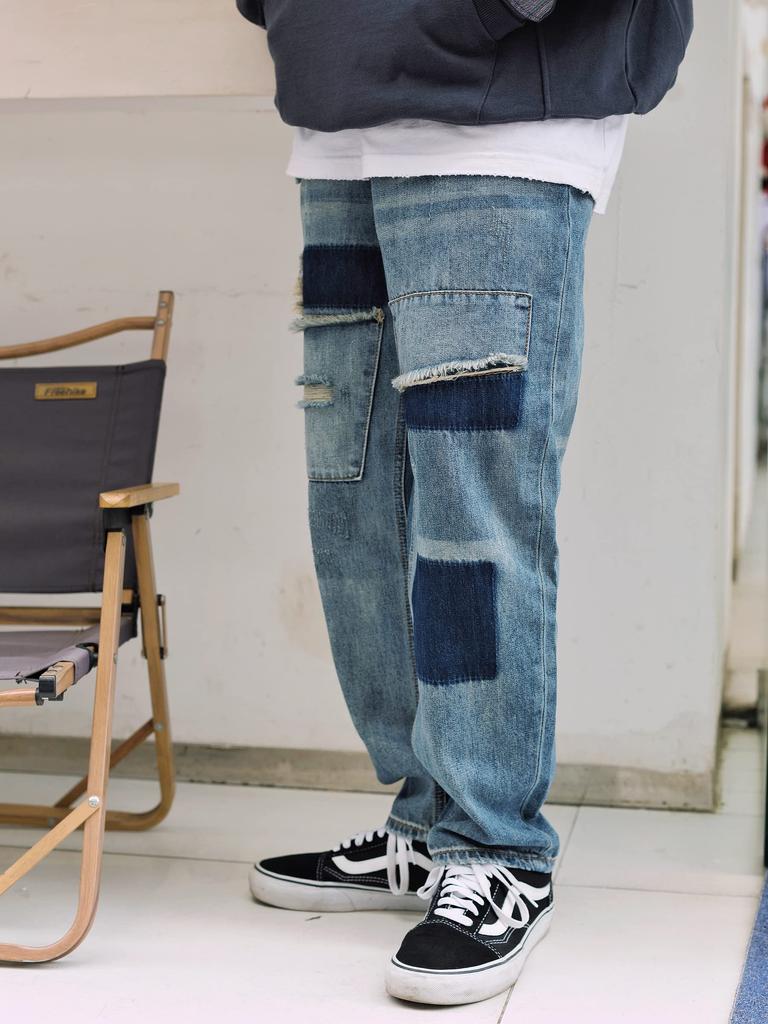 CHANGE WELL Men's Plus Size 2022AW Fashion American Vintage-Style Denim Pants, Straight Fit, Casual, Distressed Patch Jeans (BLUE, 28)