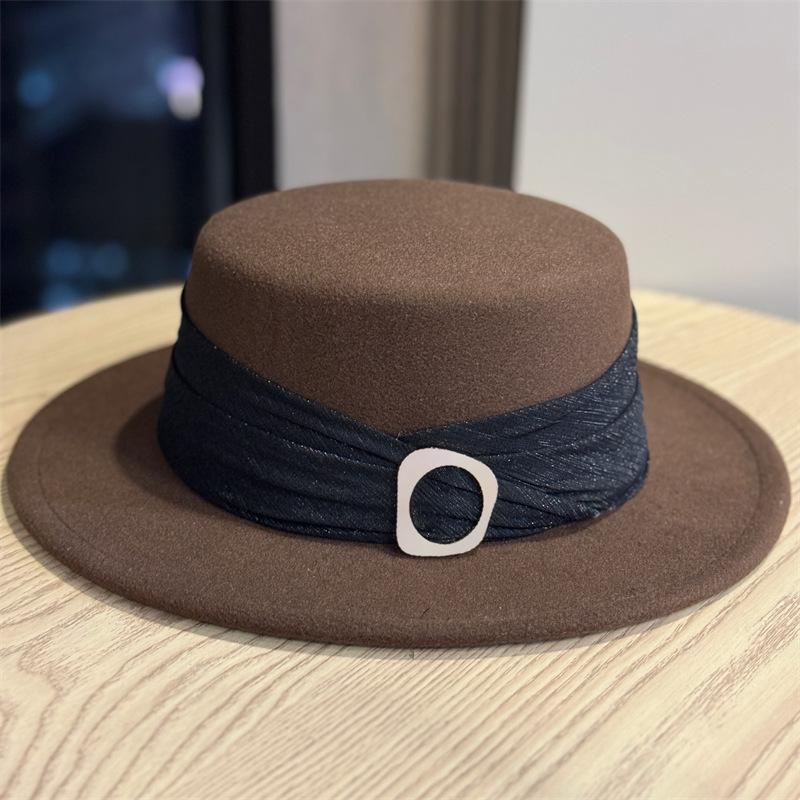Retro British Style Elegant Woolen Hat High Sense Temperament Hepburn Style Celebrity Flat Top Bucket Hat Basin Hat Female Tide