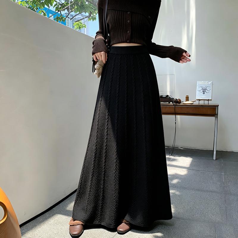 Moda Coreana Autunno Inverno Donna Gonna Lunga Maxi Vita Alta Beige Nero Grigio Lavorato a Maglia Gonna Femminile Elegante Lavorata a Maglia Calda Gonna Base