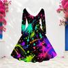 Women Plus Size V Neck Furry Trim Long Sleeve Rainbow Tie Dye A Line Dress