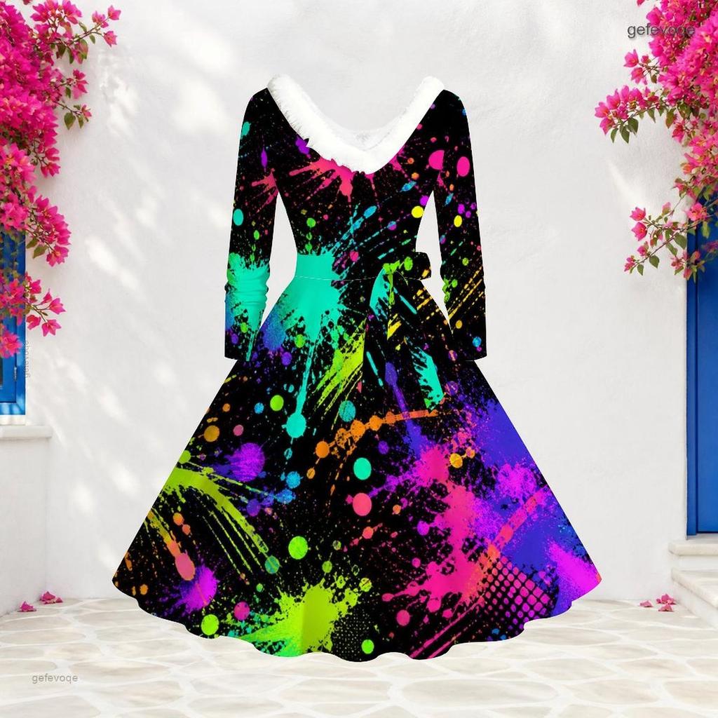 Women Plus Size V Neck Furry Trim Long Sleeve Rainbow Tie Dye A Line Dress