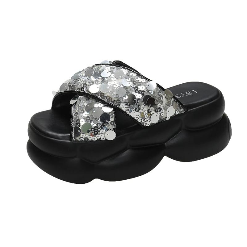 Fashion 8CM Bling Woman Platform Sandals Ladies Elegant Beach Women's Shoes Flats Summer Sandals Women Designer Shoes Girls Slippers