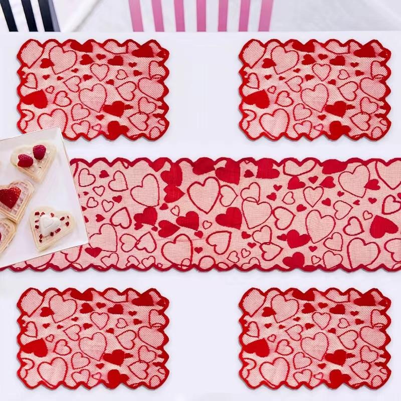 1Pc Valentine's Day Love Lace Table Flag Placemat Set Wedding Red Wine Bottle Festive Tablecloth Home Decoration