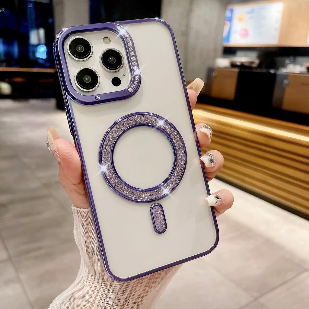 Suitable for IPhone16Pro Electroplated Water Diamond Phone Case, Apple 15 Diamond-encrusted Glitter 14 Magnetic Charging Protective Case