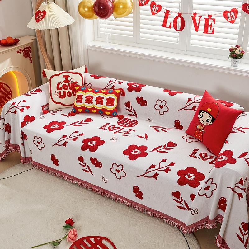 Festive Red New Year Sofa Cover Cloth Towel Full Cover Four Seasons Universal Non-Slip Leather Sofa Cushion Wedding Room Cover