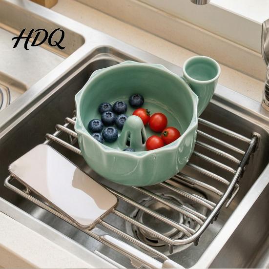 Berry Cleaning Tool Ceramic Swirl Colander Bowl Auto-Spin Washing Fruit Rinse Basin Rinsing Basket Quick Drainage Bowl for Fresh Produce Storage And
