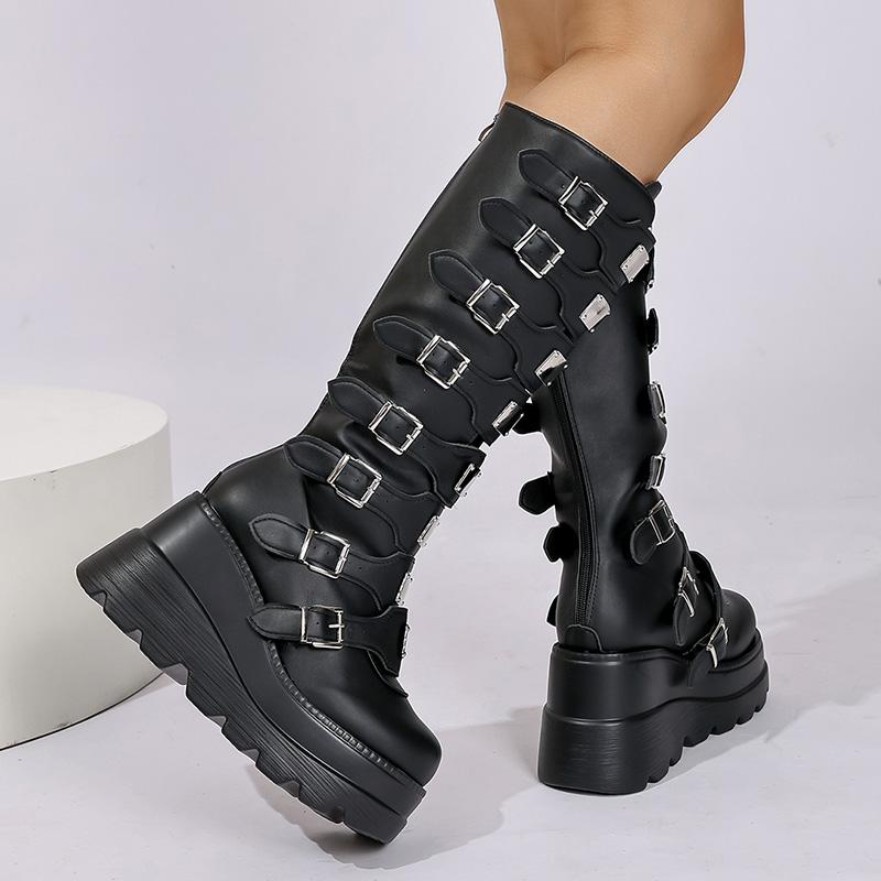 Fashion Gothic Black Platform Combat Boots Women Punk Style Metal Buckle Motorcycle Boots Woman Thick Bottom PU Leather Knee High Boots