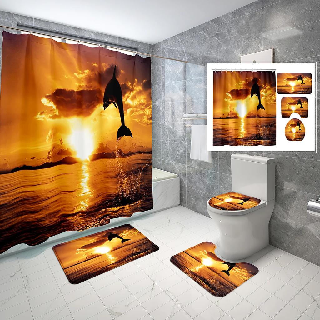 4 Sets Dolphin Shower Curtain Sets With Non-Slip Bath Mat,Toilet Lid Cover And Ocean Animals Blue Sea World Shower Curtain Set