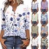 Women’s Loose Fit Three Quarter Sleeve Blouse with Floral Print and Split Neck Casual Comfortable Top for Daily Wear
