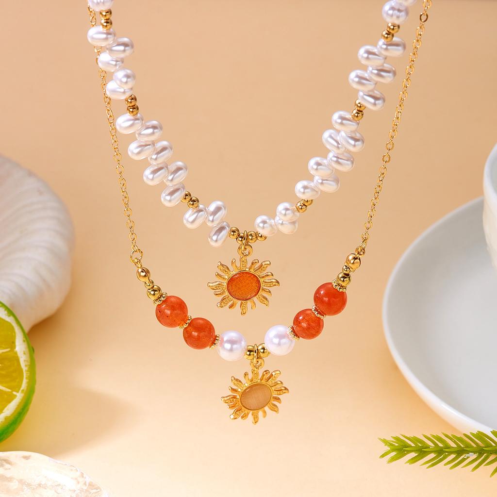 Jewelry 2-piece set: Cross-shaped faux pearl necklace set, personalized and simple handmade beaded choker for women
