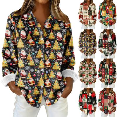 Damen-Hemdbluse, bedruckt, Knopfleiste, langärmelig, lässig, Basic, Hemdkragen, normales Oberteil