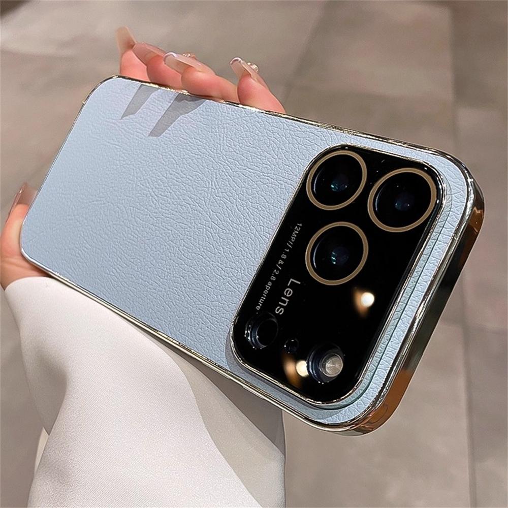 

Original Litchi Leather Texture Phone Case For iPhone 17 16 15 14 13 Pro Max Shockproof Bumper Large Window Plating PU Cover iPhone 15 Pro