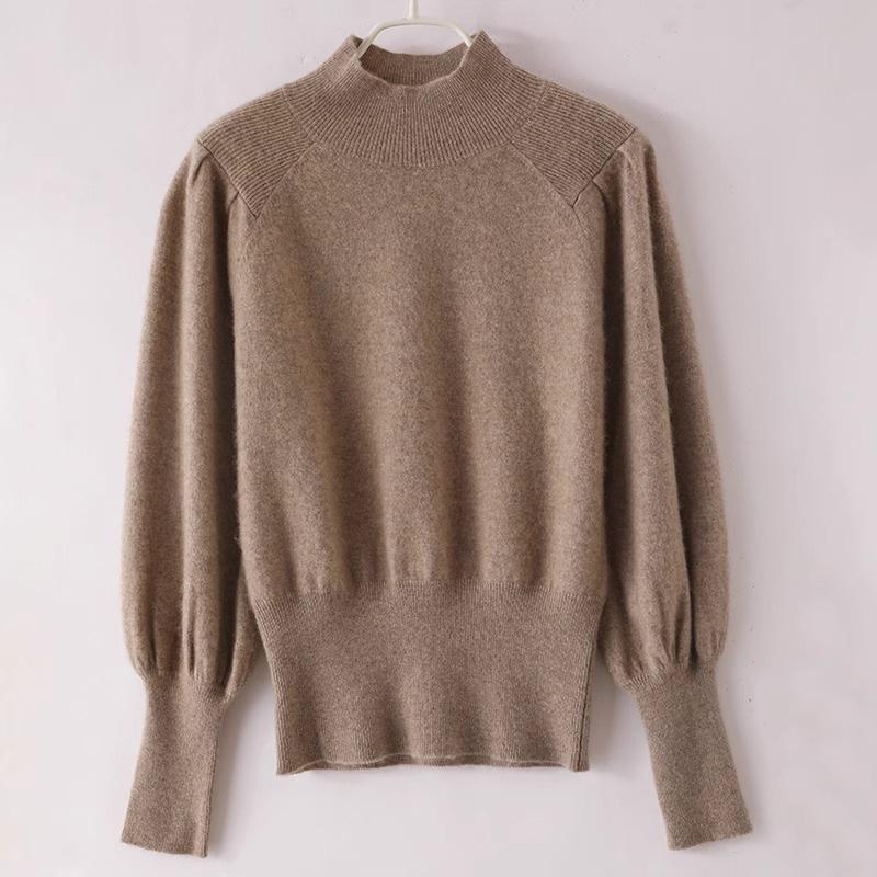 Semi High Neck Sweater Base Layer Women Autumn Winter Puff Sleeve Stylish Knit Mid Neck Top