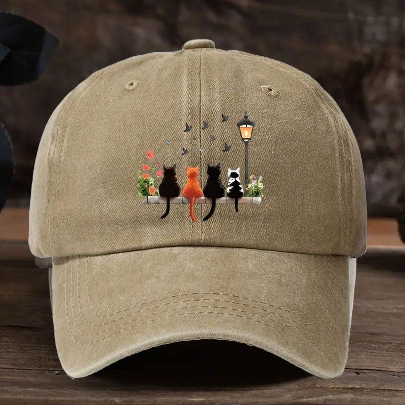 1pc Four Cats  Baseball Cap with Dreamy Cat and Flower Lantern Cartoon Pattern Design PrintAppropriate for Any Season