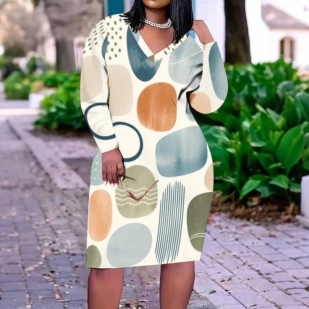 Women Plus Size V Neck Long Sleeve Abstract Leaf Printed Straight Dress