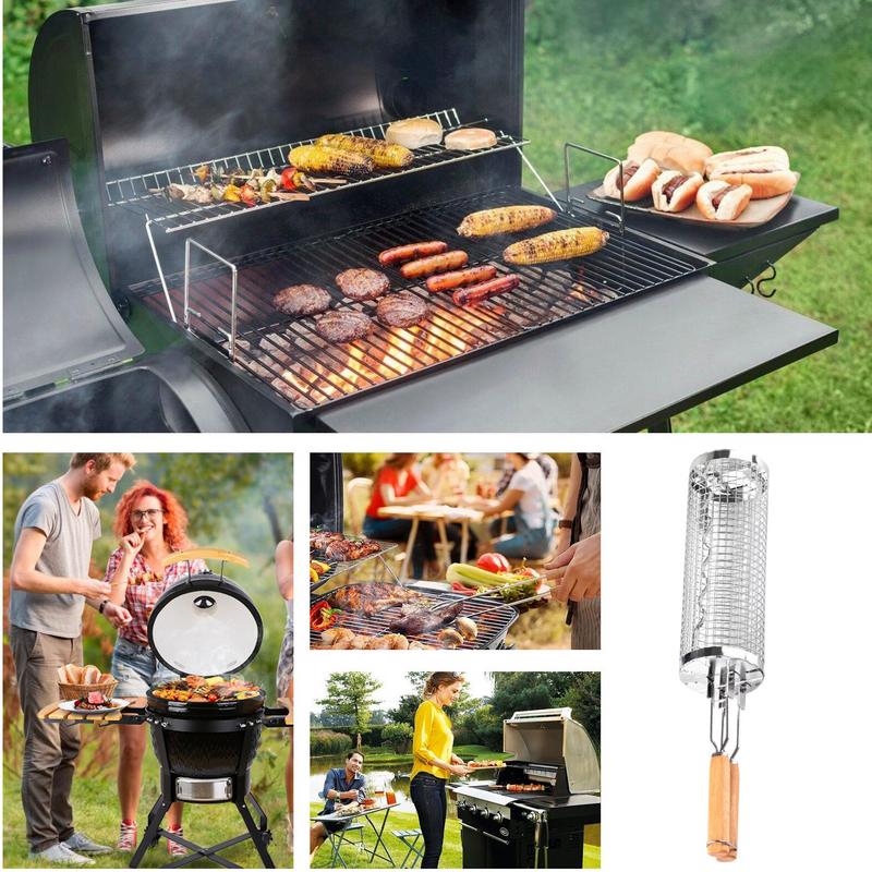 Grill Baskets for Outdoor Grill Stainless Steel Rolling Grilling Basket Portable Outdoor Camping BBQ Rack with Wood Handle