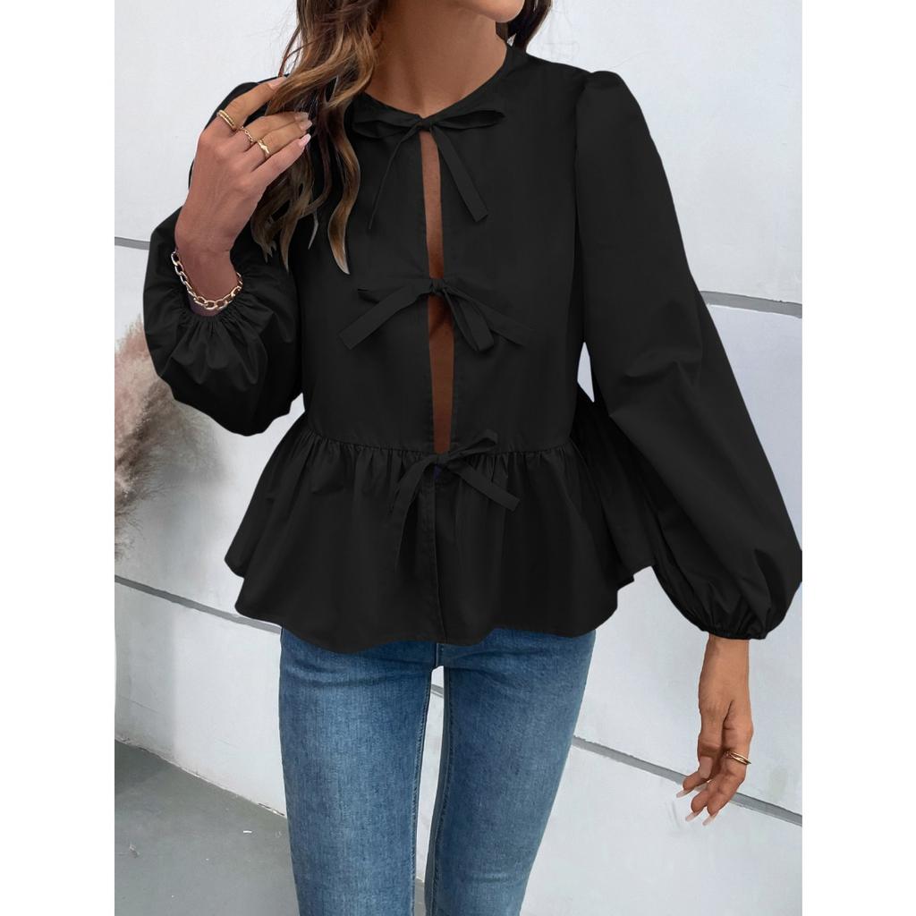 Women's European American Casual Loose Sexy Tie-button Shirt Blouse Top