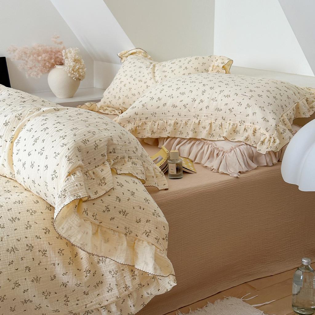 INS Princess Ruffle Edge Gauze 100% Cotton Pillow Case Breathable Duvet Cover Without Filler 3PCS Floral Home Bedding Set