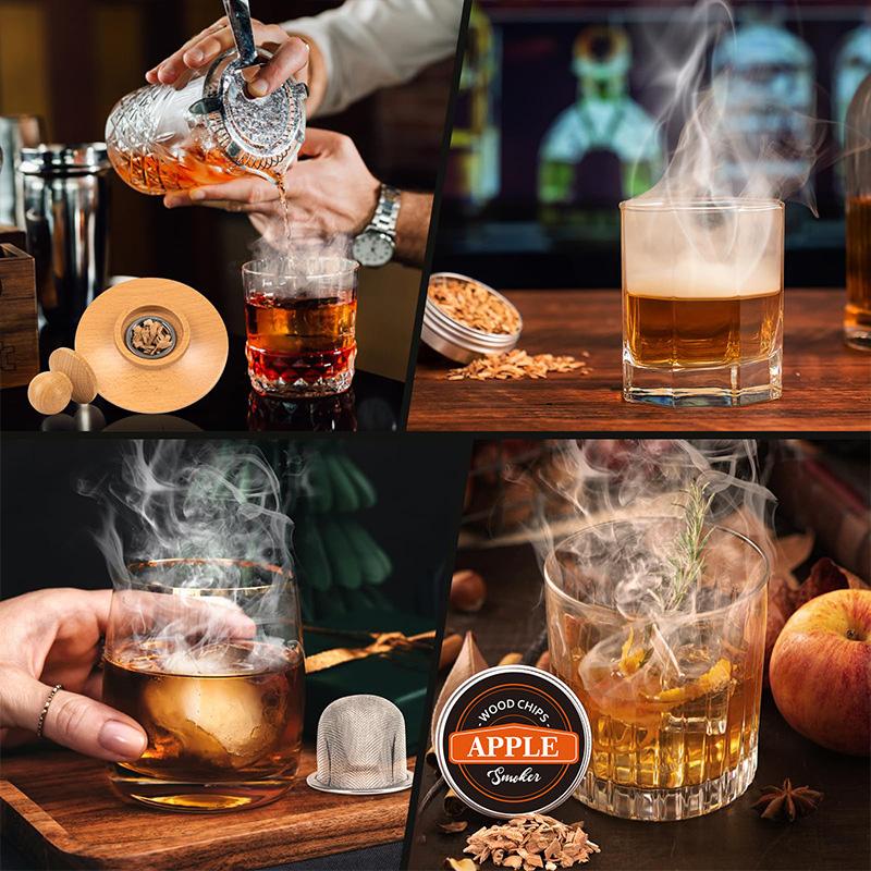 Set de Cocktailuri Afumate cu Whiskey cu Chipsuri de Lemn Kit Afumător de Cocktailuri Filtre Metalice Aerator cu Oxidare Rapidă Ustensilă de Bar Cadouri de Lux