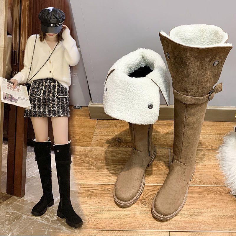 Lamb Wool Boots Women Over the Knee Boots 2025 Fleece Thin Snow Boots Women Flat Bottom Internet Celebrity Tall Thin Boots