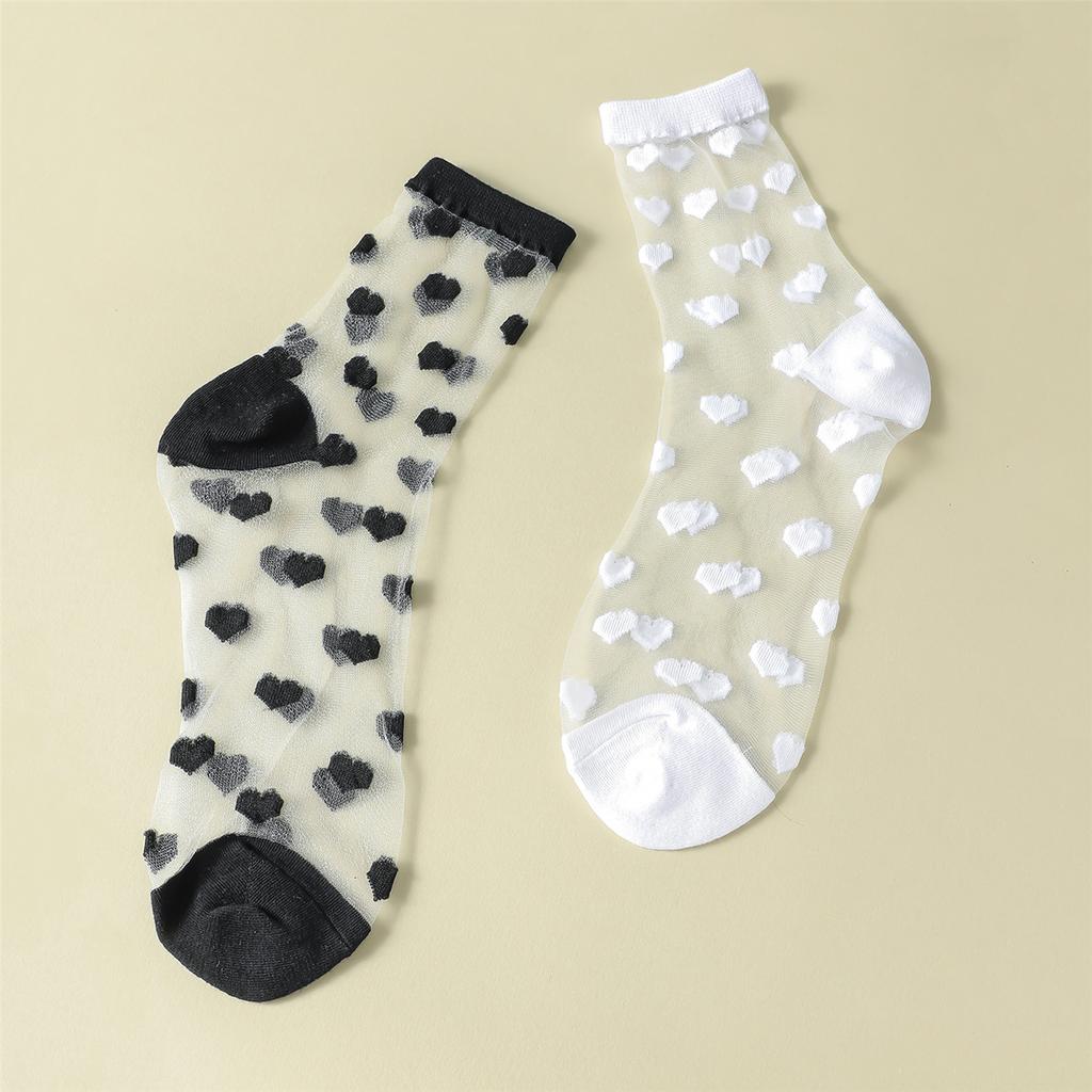 2 Pairs Women Heart Stripe Polka Dots Pattern Sheer Silk Socks Spring Summer Breathable Thin Transparent Crew Socks