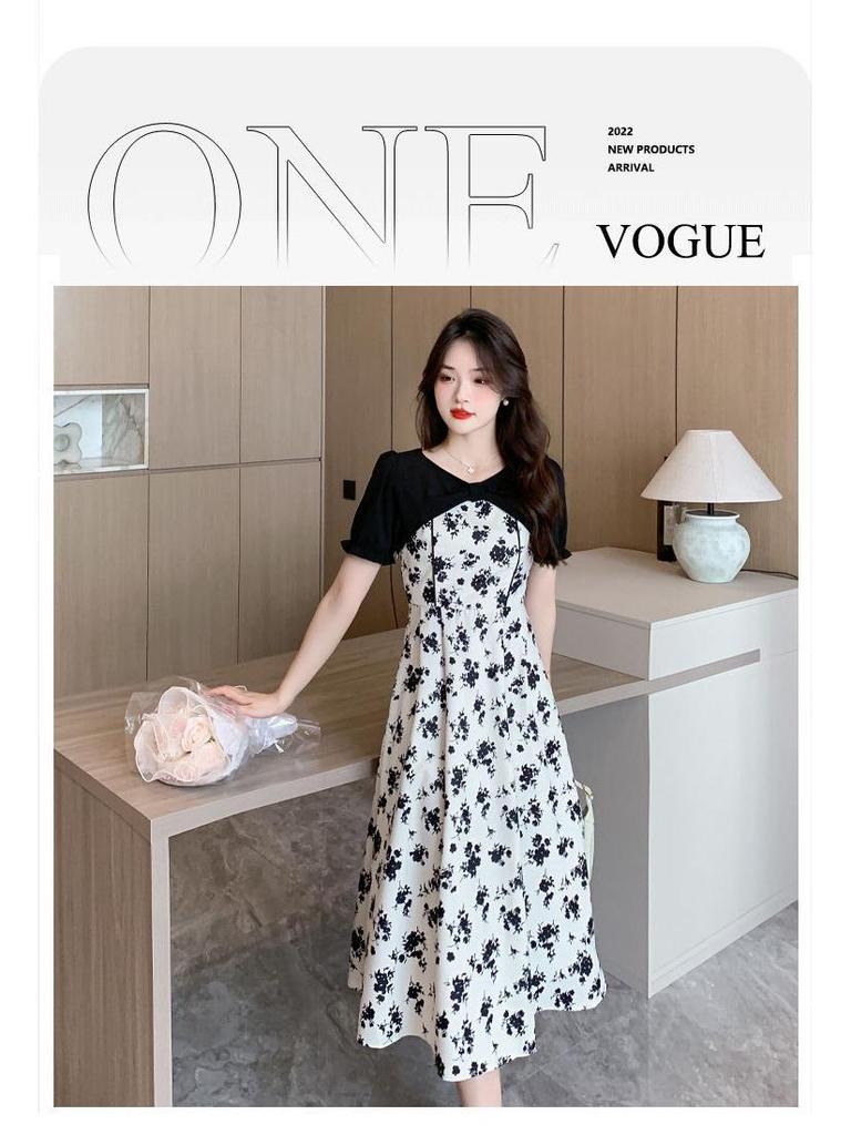 2025 Summer French Bellflower Floral Camisole Dress with Faux Two-Piece Design and Waist-Cinching Patchwork