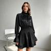 Elegant Black Satin A-Line Midi Dress Women High Neck Long Sleeve 2026 Stylish Formal Occasion Wear
