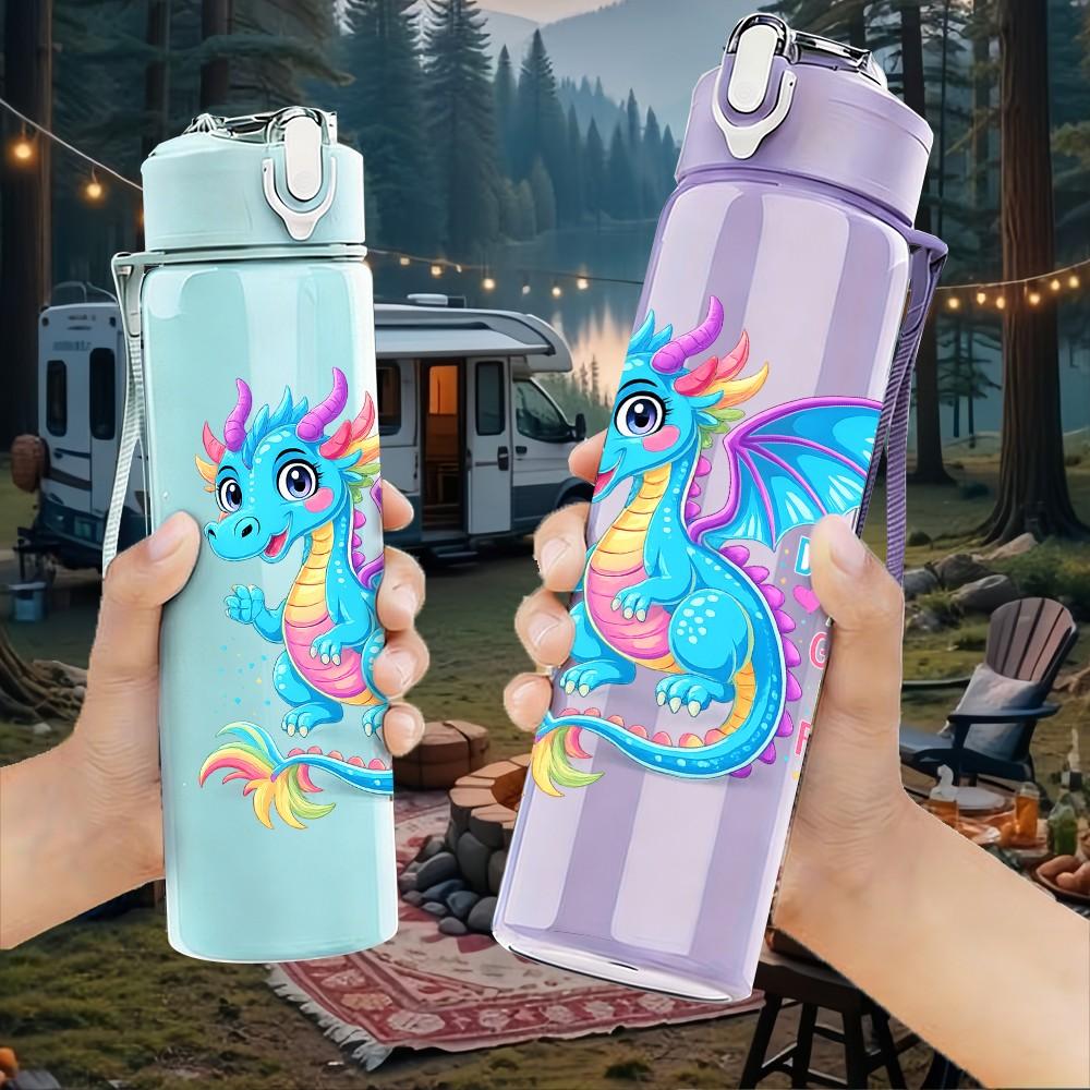 1PC Fantasy Blue Dragon Cartoon Print 750ml Color Plastic Sports Water Bottle Leakproof Flip Straw Lid Suitable for Sports Office Home Use
