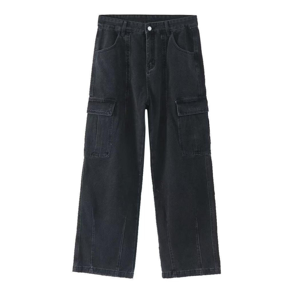 Men's Spring/Fall Multi-Pocket Straight-Leg Jeans: Relaxed-Fit Vintage Workwear-Style Casual Pants