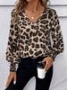 Women's Popular V-neck Leopard Print Loose Long-sleeved Casual Shirt, Chiffon Shirt, Top