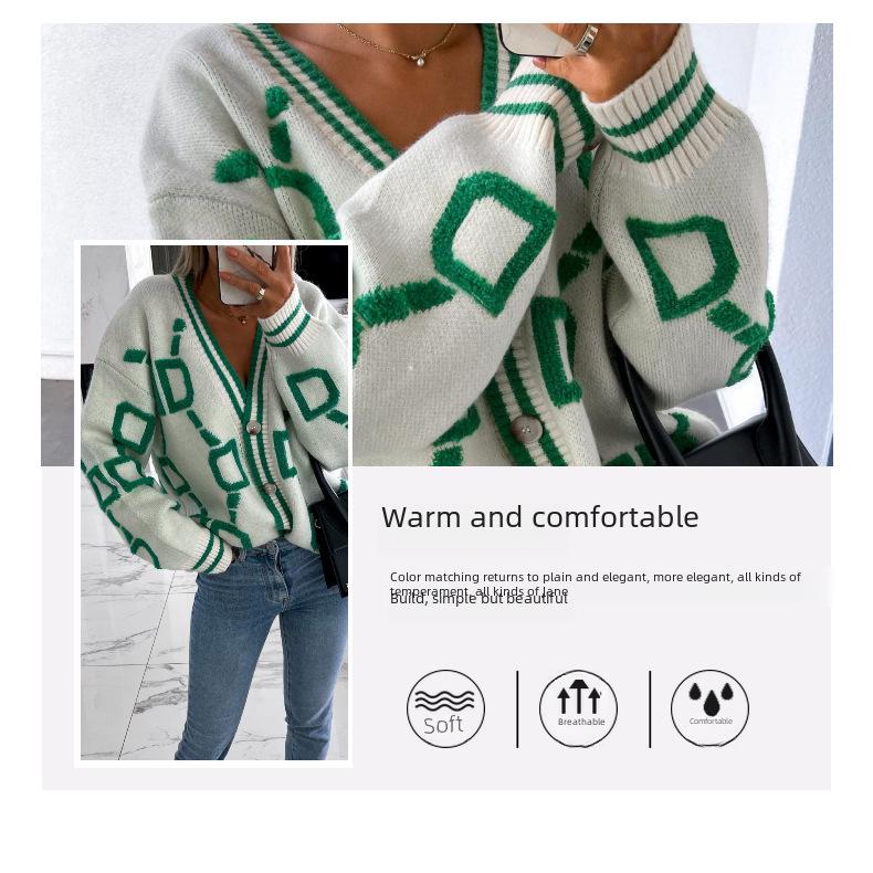 2023 Herbst & Winter Lockere einreihige Strickjacke mit V-Ausschnitt und europäischer und amerikanischer Handtuchstickerei