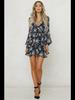 European & American Women's Long-Sleeve V-Neck Strappy Floral Dress