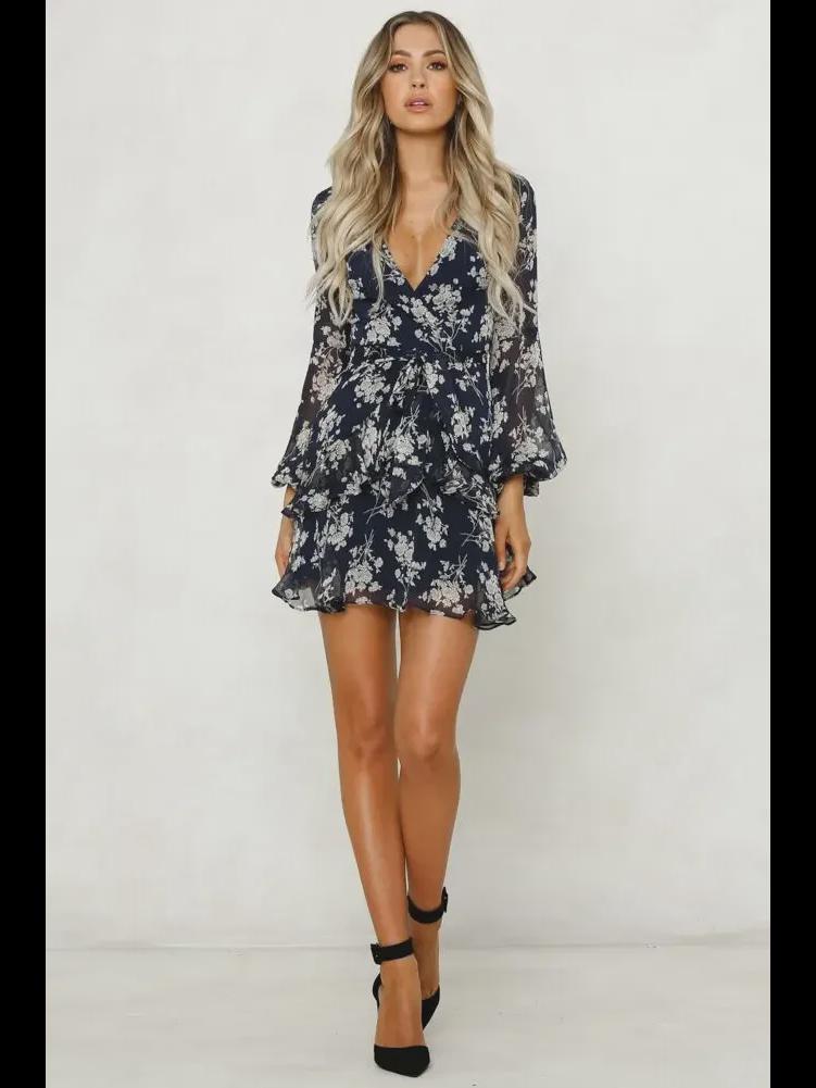 European & American Women's Long-Sleeve V-Neck Strappy Floral Dress