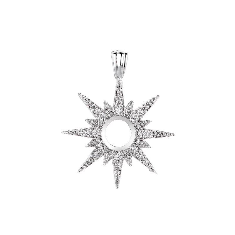 White Gold Octagram Star Copper Pendant, Women's Round CZ Cabochon Setting, Imitation 925 Silver