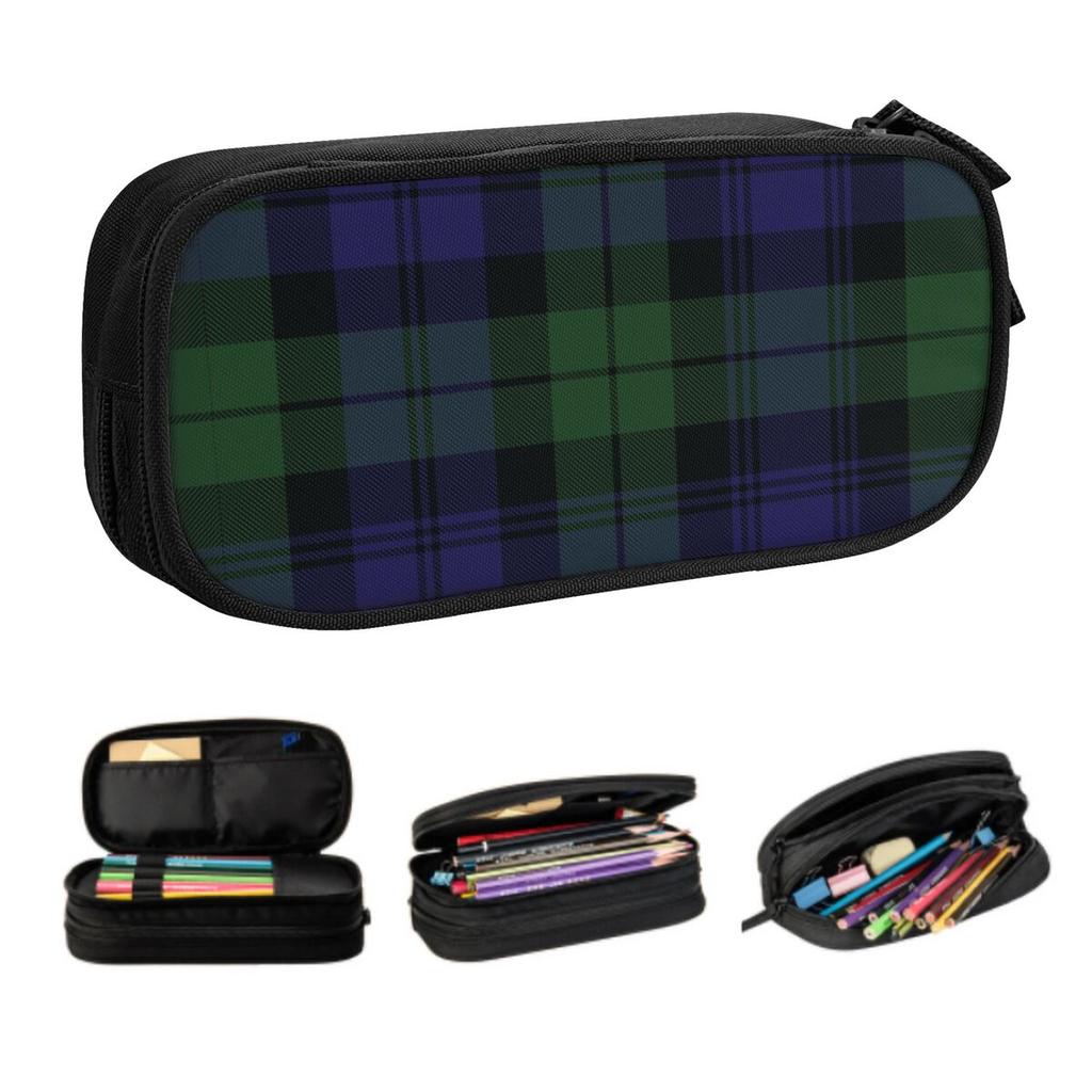 Individuelle Kawaii Schwarze Uhr Tartan Uhr Grün Und Blau Federmäppchen für Clans von Schottland Große Aufbewahrung Stift Tasche Box Schreibwaren